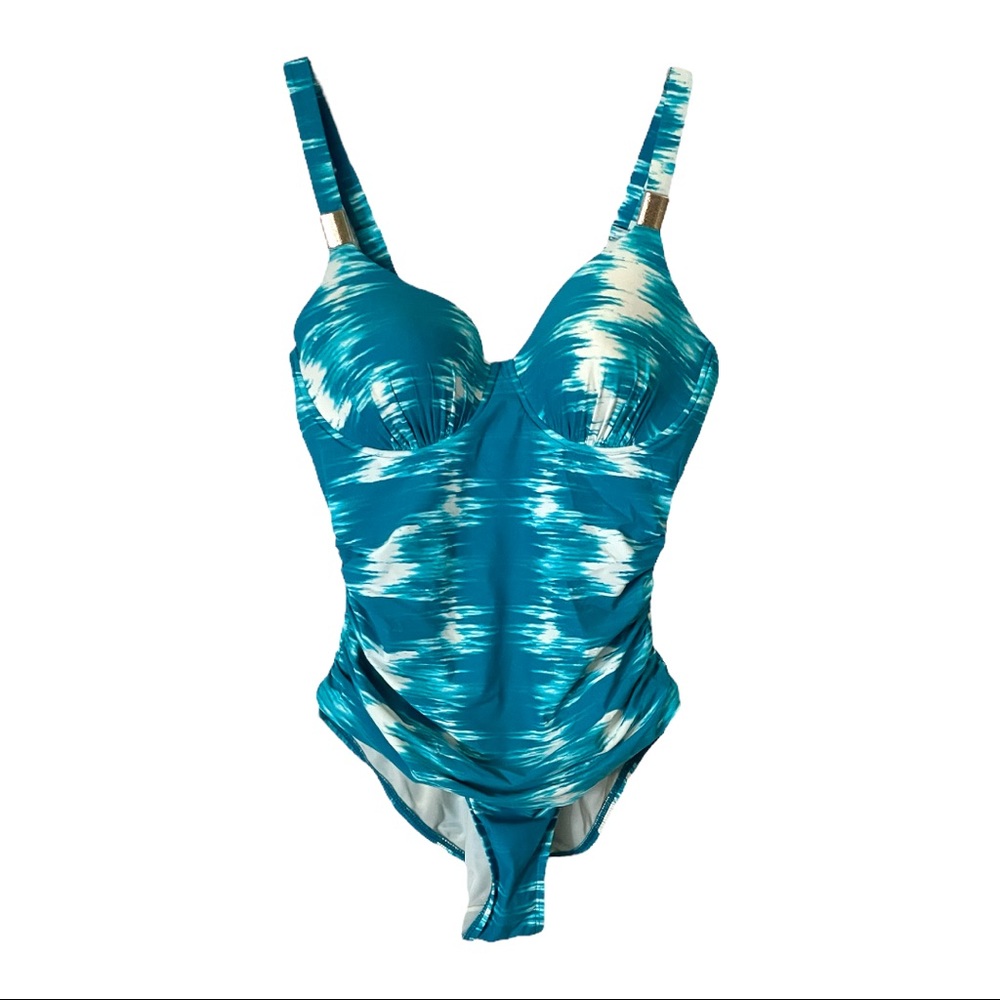 Spanx Riveting Ruched Aqua Abstract Print One Piece Swimsuit Size 12 D/DD